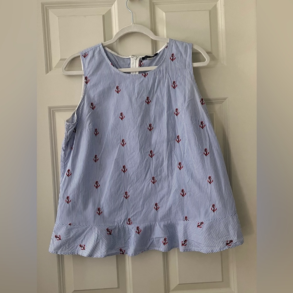 Tommy Hilfiger Blue White Striped Sleeveless Peplum Top Red Anchors nautical L